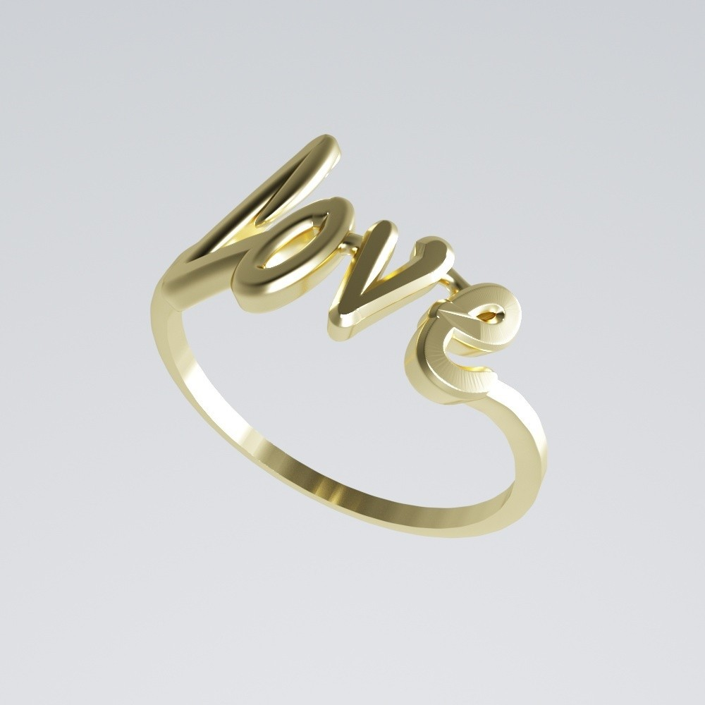 Gold ring with the word "love" shaped in cursive letters atop, connected to a small golden heart, against a plain light gray background.