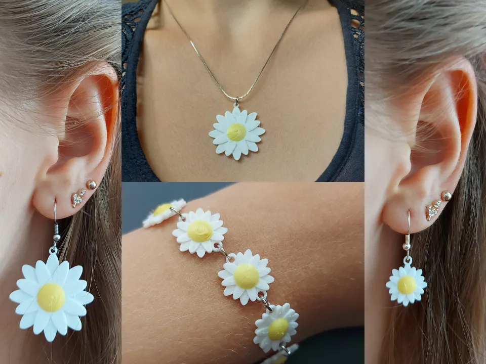 A collage of a woman wearing matching daisy-themed jewelry, including earrings, a necklace, and a bracelet.