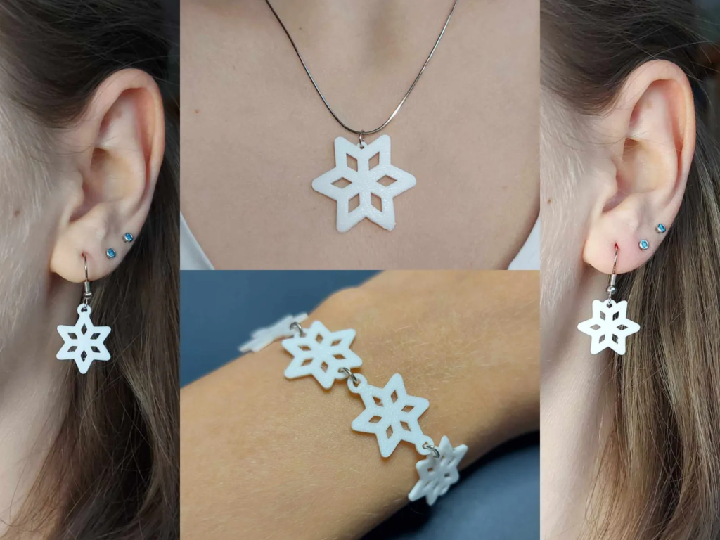 Three images showcasing white snowflake jewelry; earrings on ears with blue studs, a necklace, and a bracelet worn on a wrist.