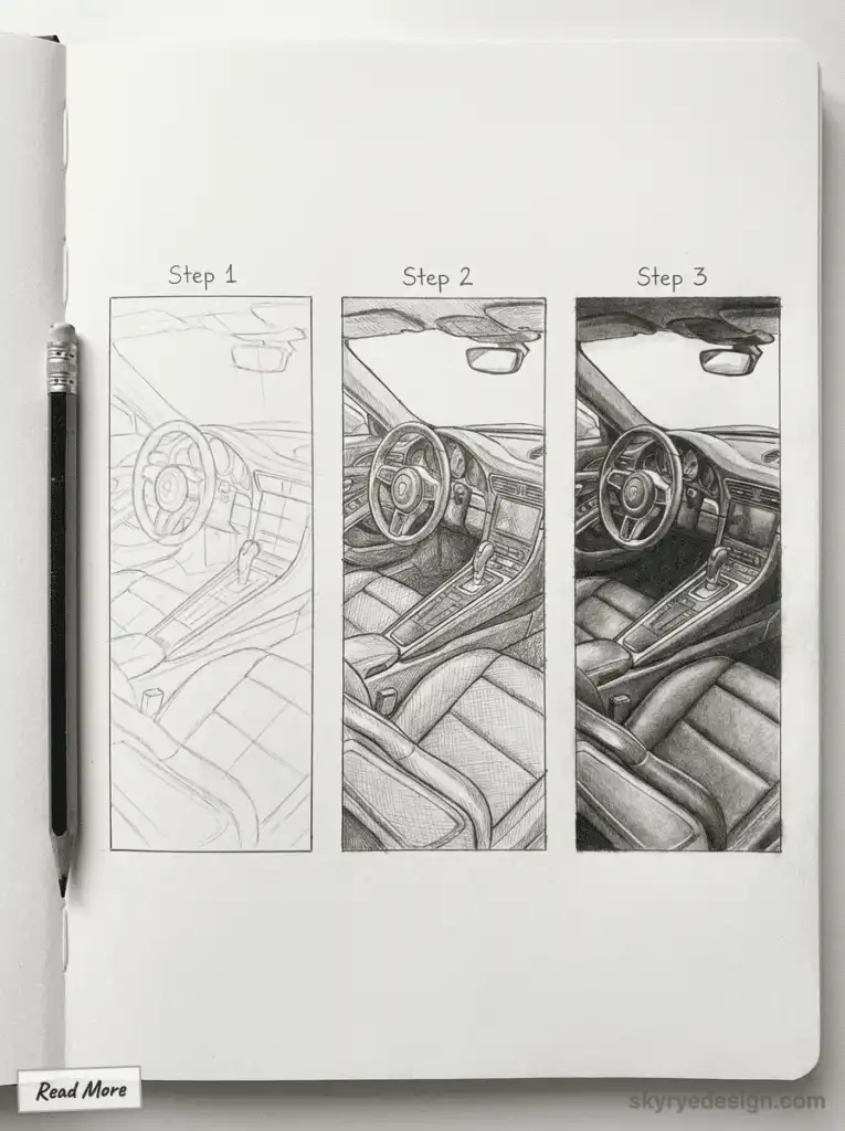 Step-by-step sketch of a car interior, showing pencil drawing progression from outlines to detailed shading with a pencil