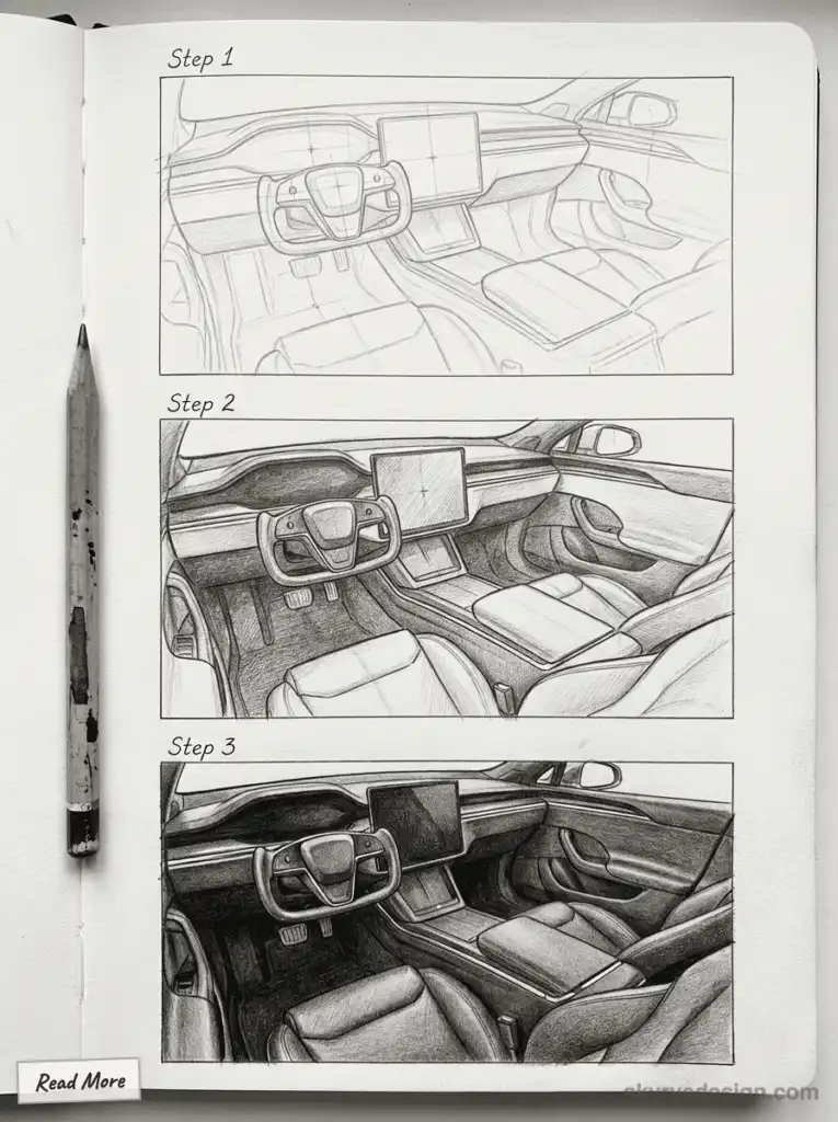 Sketch showing a step-by-step car interior design process with pencil illustrations, detailing dashboard and seating