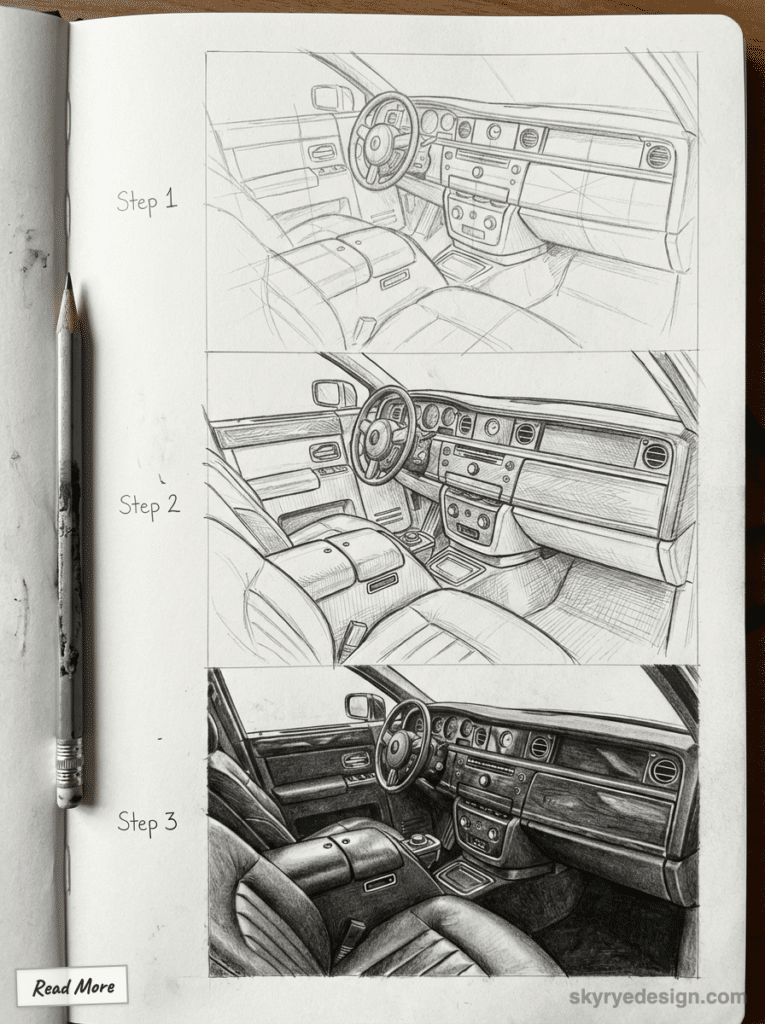 Sketches of a car interior design in three steps with a pencil on paper, showing detailed progression from outline to