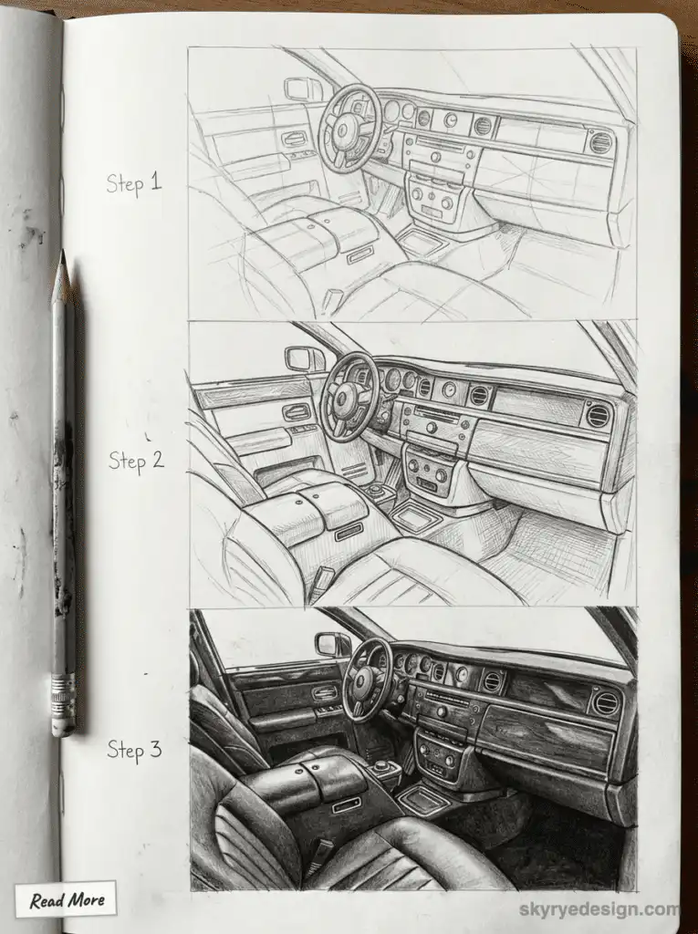 Sketches of a car interior design in three steps with a pencil on paper, showing detailed progression from outline to