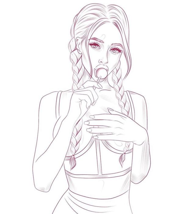 Illustration of a woman with braided hair, holding a lollipop close to her lips, depicted in a minimalistic line drawing style.