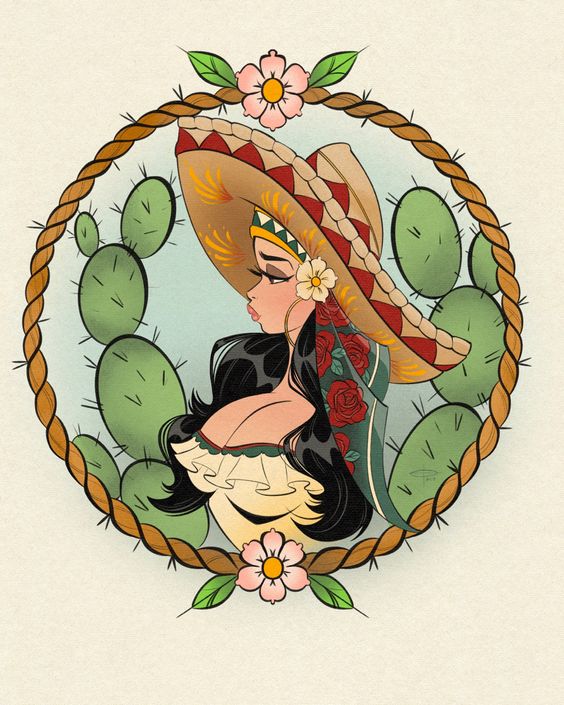 Illustration of a woman with braided hair and a wide-brimmed hat, encircled by a rope frame and cacti, with floral accents.