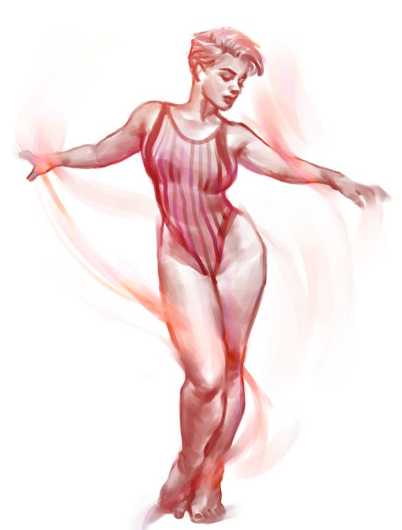 Illustration of a person with short hair wearing a striped one-piece swimsuit, standing with arms outstretched and eyes closed.