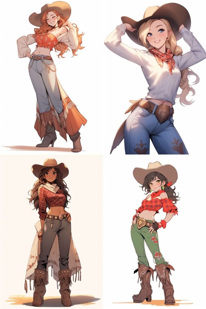 Four illustrated female cowgirls are shown in different outfits and poses, wearing hats and boots. Each has distinct clothing and accessories like belts, fringe, and bandanas.