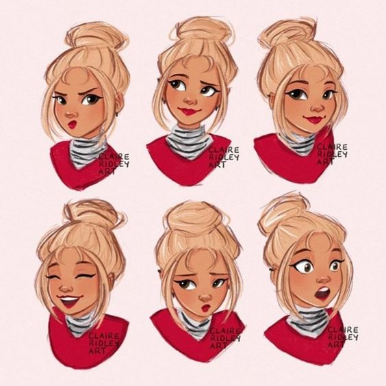 Six illustrations of a woman with a top knot hairstyle, wearing a red scarf, showcasing different facial expressions, signed by claire ridley art.
