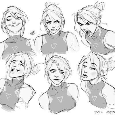 Black and white sketches of a woman displaying various expressions, including smiling, scowling, and shouting.