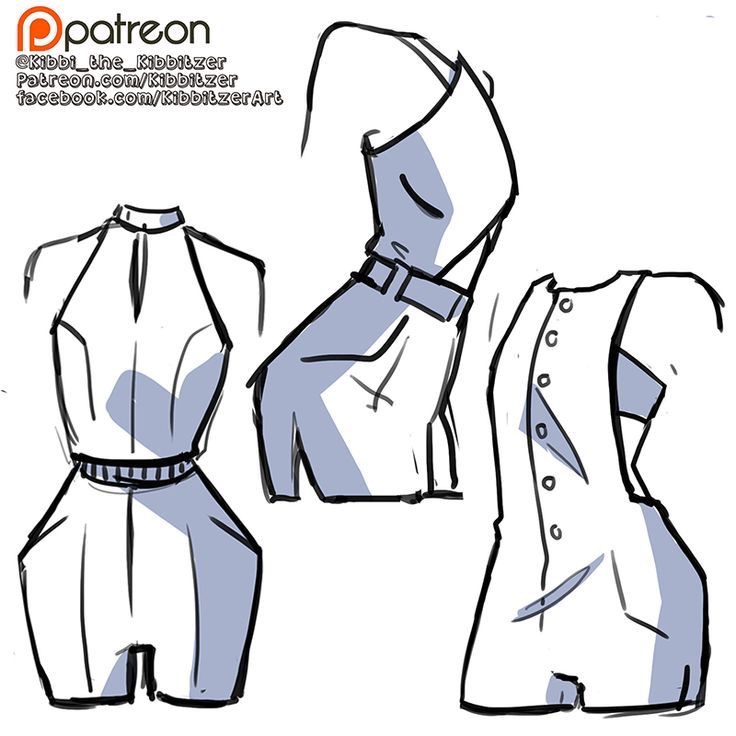Sketches of three different sleeveless rompers with varying necklines and fastenings. The artist's social media and Patreon information is displayed in the top left corner.