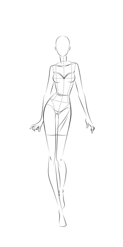 A black-and-white fashion sketch of a female figure, drawn without facial features and with dashed lines indicating sections, showed in a walking pose.