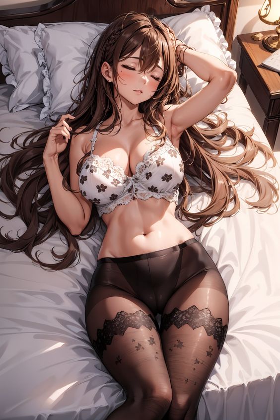 Anime-style drawing of a woman with long brown hair lying on a bed, wearing a lacy white bra and black stockings with lace designs. She has her eyes closed and one hand resting on her head.