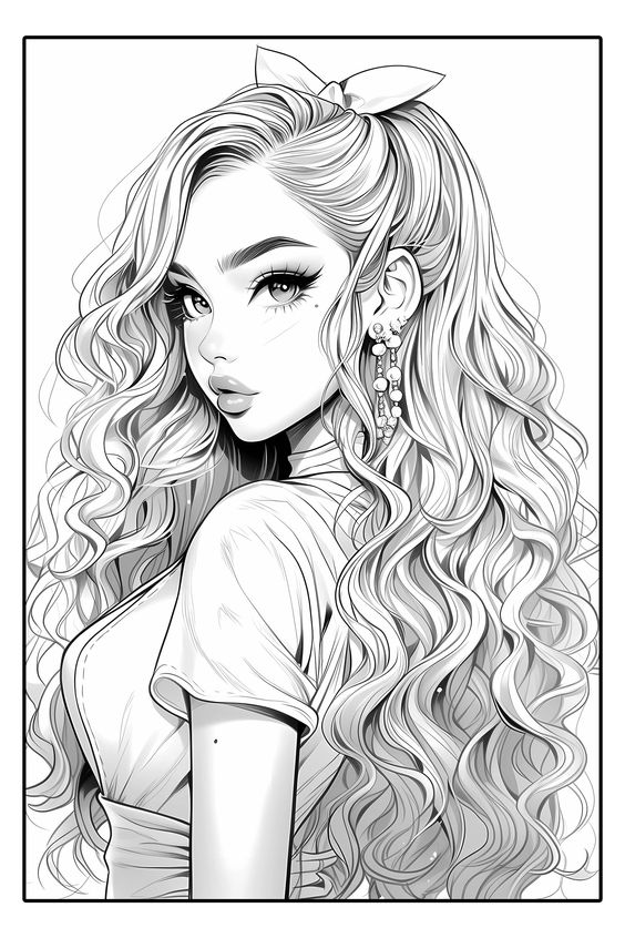Black and white illustration of a young woman with voluminous curly hair, wearing a headband and earring, looking to the side.