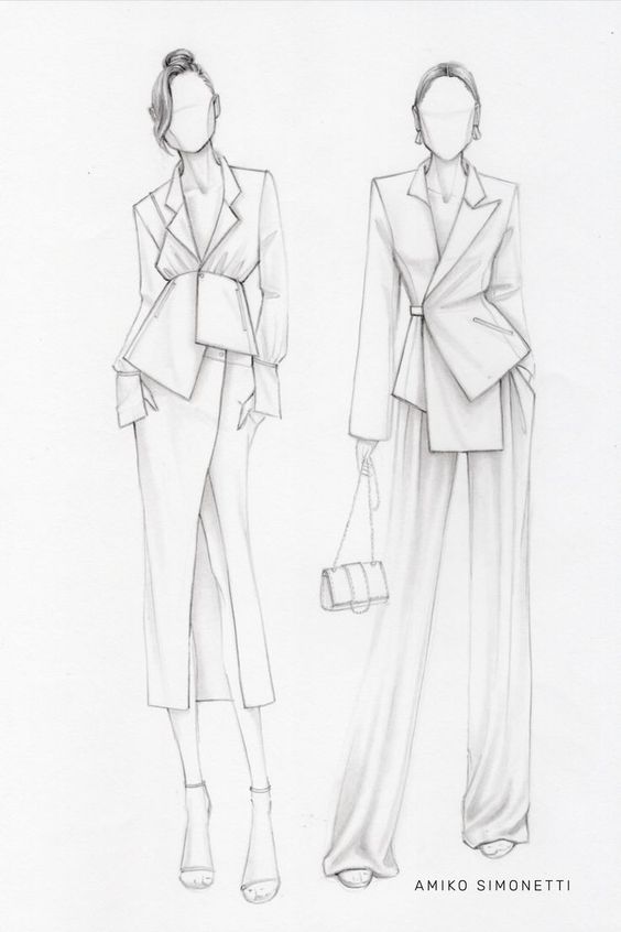 Two fashion design sketches showcasing women in tailored suits; one with a knee-length skirt and peplum blazer, and the other with wide-leg trousers and a long blazer.