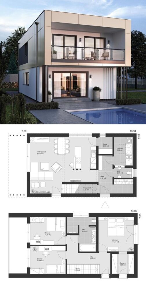 a collage of a house and floor plan