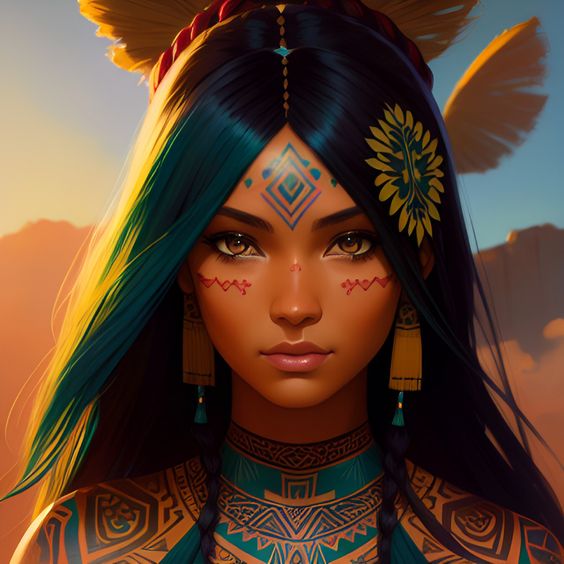 Digital art portrait of a young woman with vibrant blue hair adorned with tribal accessories, against a sunset backdrop.