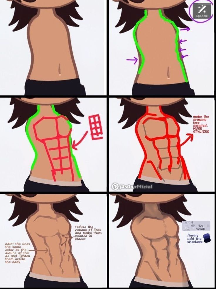 Tutorial illustration showing steps to draw and shade back muscles on a cartoon character, from rough outlines to detailed shading, presented in four panels.