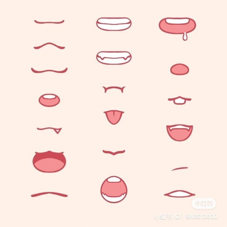 Illustration of various cartoon mouth expressions in shades of pink, arranged in a grid pattern on a light pink background.