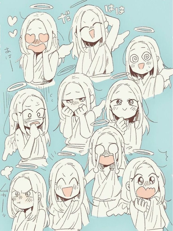 Illustration of nine different facial expressions and gestures of a cartoon character with long, light-colored hair, depicted with various emotions like joy, surprise, and disappointment.