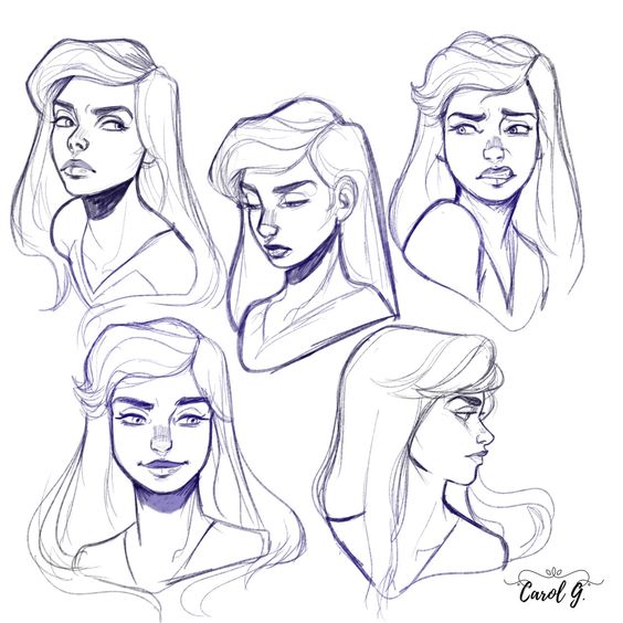 Sketches of a woman in various poses and expressions, drawn in blue line art, with the artist's signature "carol g.