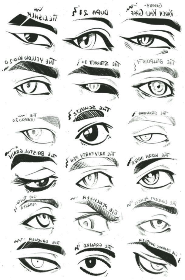 Black and white illustrations of various eye designs with different styles of eyebrows and surrounding details, each labeled with unique names such as "The Cleanser" and "The Optimist.