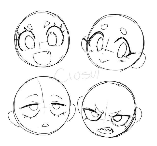 Sketches of four cartoon faces showing different expressions: joyful, bashful, sad, and angry, with minimalistic details.