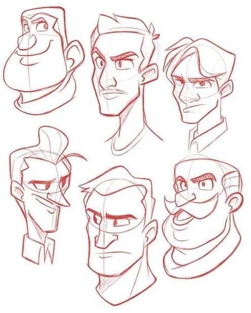 Six sketches of male character faces showing different expressions and hairstyles, drawn in a stylized cartoon format.