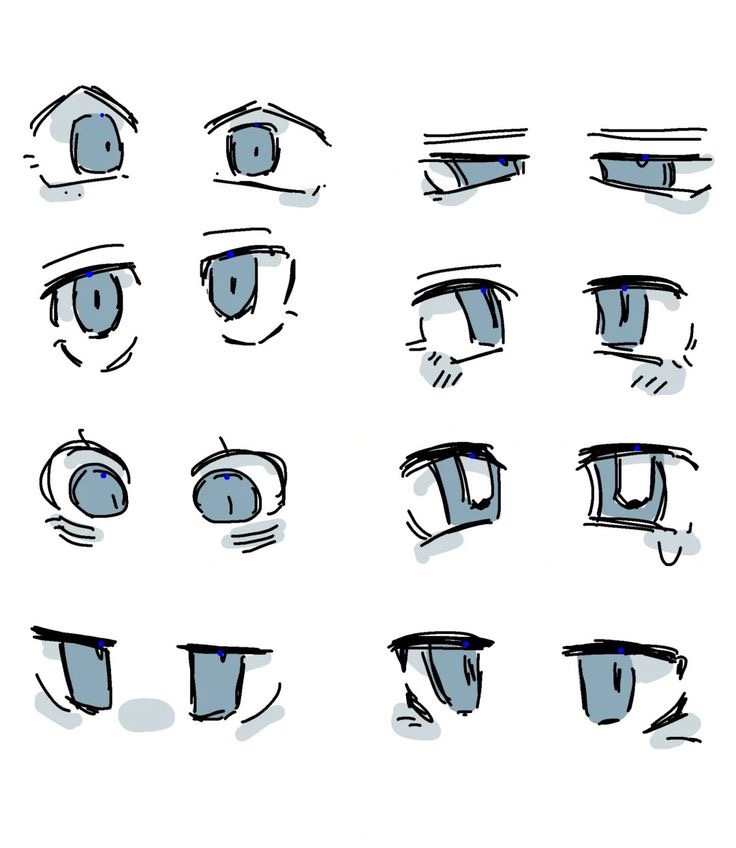 Illustration of various cartoon eyes in different expressions, ranging from surprised to squinting, depicted in a simple blue and black sketch style.