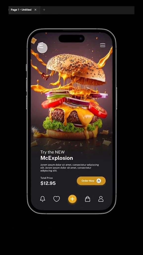 A smartphone screen displaying an advertisement for a burger called "MCExplosion" priced at .95, featuring layers of ingredients such as cheese, tomatoes, lettuce, and sauce.