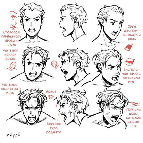 Sketches of a male character in various expressions and head positions with annotations in russian detailing facial features and emotions.