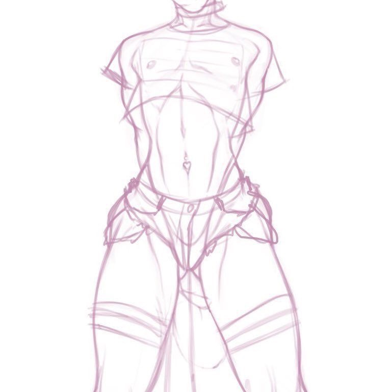 A rough sketch of a human figure wearing a cropped shirt and shorts, with emphasized musculature and detailed anatomy lines.