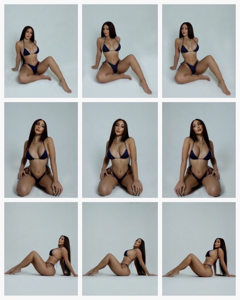 A collage of nine photos showing a woman in a dark blue bikini, posing in various seated and reclining positions against a plain background.