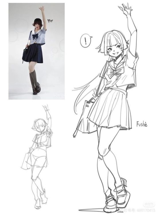 A photo of a person in a school uniform posing with an arm raised is placed next to sketches of an anime-style character in the same pose and outfit.