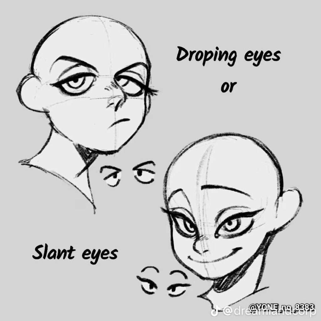 Sketches demonstrating two styles of cartoon eyes: 'dropping eyes' and 'slant eyes,' annotated with labels and facial expressions.