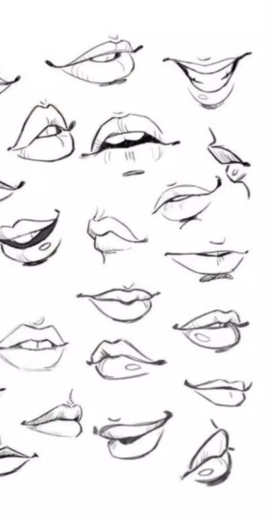 A collection of sketches showcasing various styles and expressions of cartoon lips and a single eye.