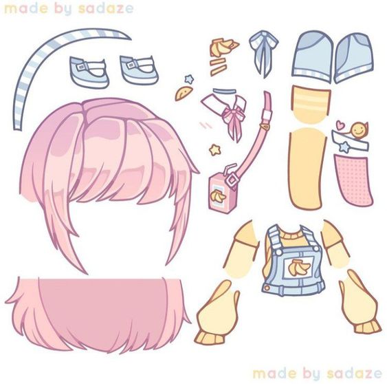 Illustration of a character creation kit featuring parts like pink hair, eyes, clothes, and accessories, set against a light background.