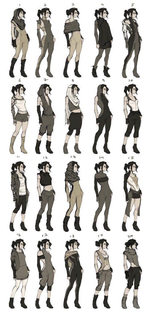 A series of 18 fashion design sketches showcases a person in various outfits, ranging from casual to semi-formal. Each ensemble features different combinations of tops, bottoms, and accessories like scarves and hoods.