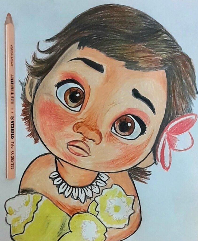 Illustration of a cartoonish child with large eyes and a small flower in the hair, next to a pencil showing scale.
