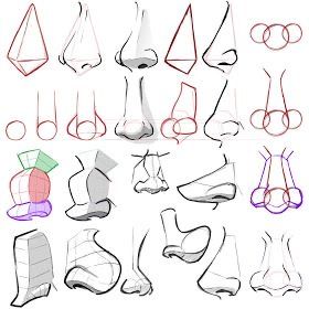 Illustration showing step-by-step drawing guides for various nose shapes, highlighting the underlying geometric structures and shading techniques.