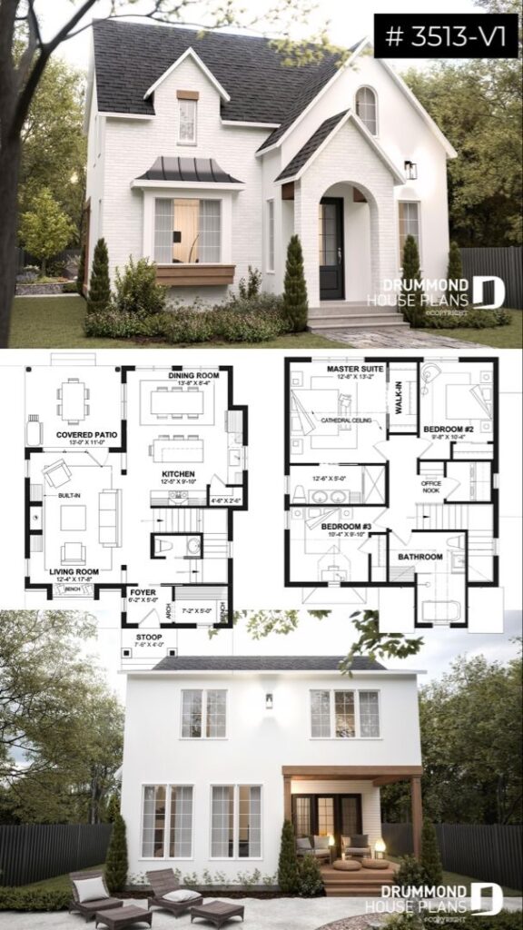 A two-story white house with a dark roof and a detailed floor plan. The front and back views are shown along with labeled rooms such as living room, dining room, kitchen, bedrooms, and bathrooms.