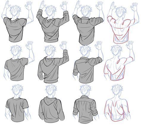 A set of drawings showing the back view of a person in various shirts and hoodies, depicting different arm positions and anatomical outlines.
