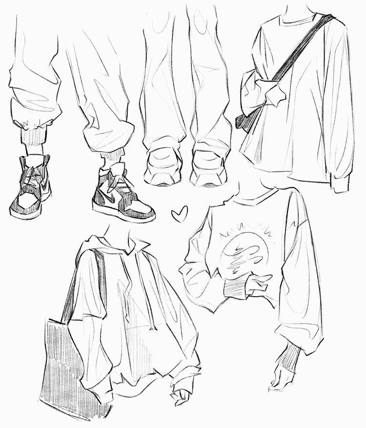 Sketch of various casual outfits including baggy pants, sneakers, an oversized sweater with a heart design, a hoodie with a tote bag, and a long-sleeve shirt with a strap bag.