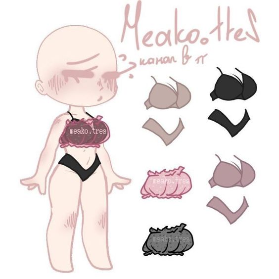 Illustration of a bald character with blushing cheeks alongside various clothing pieces like bikinis and accessories, labeled with "meako.tres".