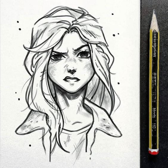 Pencil sketch of a female character with wavy hair, serious expression, next to a graphite drawing pencil on textured paper.