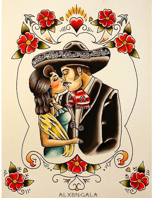 Illustration of a couple in traditional mexican attire kissing, framed by a heart and flowers, with decorative text "alex y gala" at the bottom.