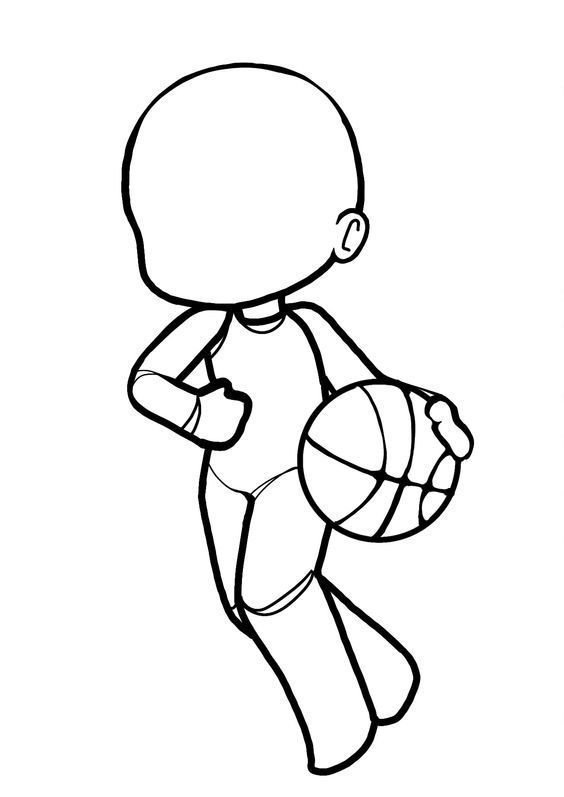 Black and white line drawing of a cartoonish child carrying a basketball under one arm, depicted in a running pose.