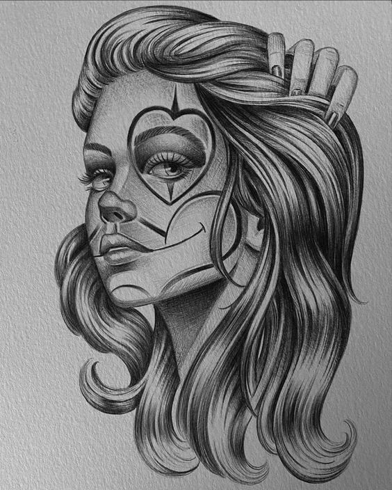 Detailed pencil drawing of a woman with long flowing hair and artistic face paint, featuring heart and line motifs.