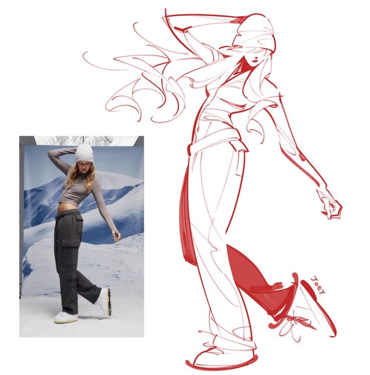A woman poses in winter clothing next to a stylized fashion design sketch of her doing the same pose. The background shows a snowy mountain scene.