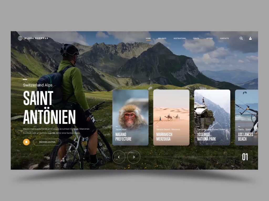 A person on a mountain bike in a mountainous region with a website interface featuring travel destinations such as Saint Antönien, Nagano Prefecture, Marrakech, Yosemite National Park, and Los Angeles Beach.