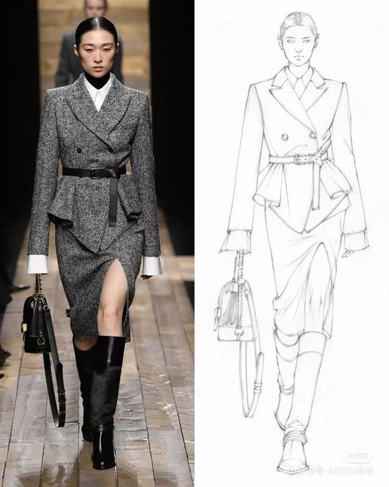 The image shows a model wearing a grey double-breasted blazer and skirt along with knee-high black boots on the left, and a corresponding Fashion Design Sketches of the outfit on the right.